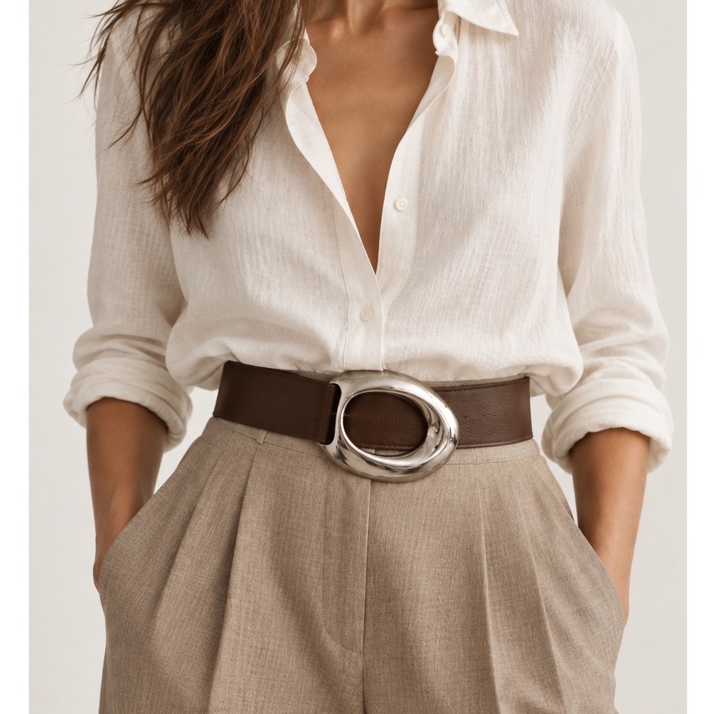 NEW Cache Women Taupe Leather Wide Belt Chrome Oversized Buckle Size S Modernist